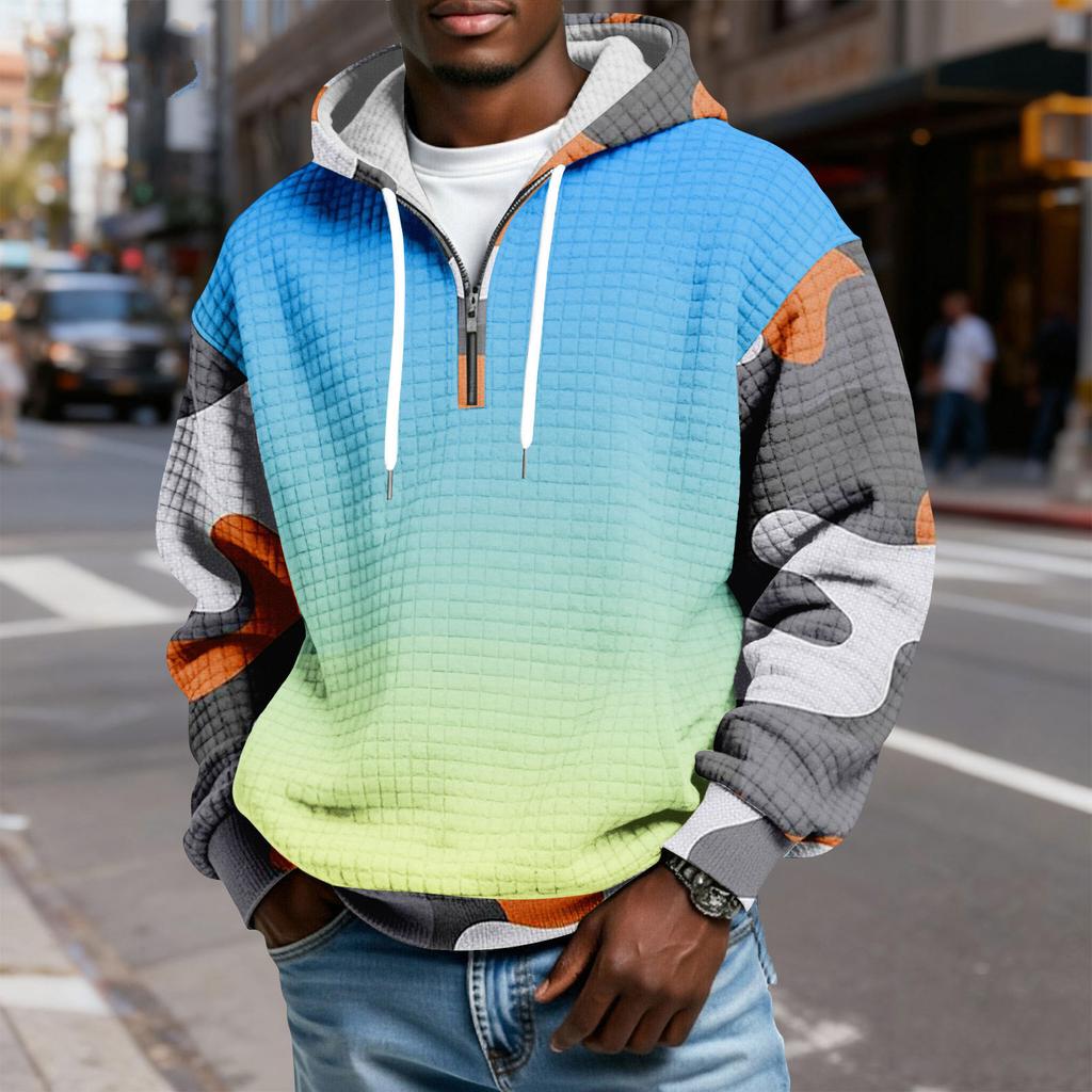 Sudadera Deportiva Casual para Hombre con Capucha y Media Cremallera a Cuadros con Cordón y Estampado