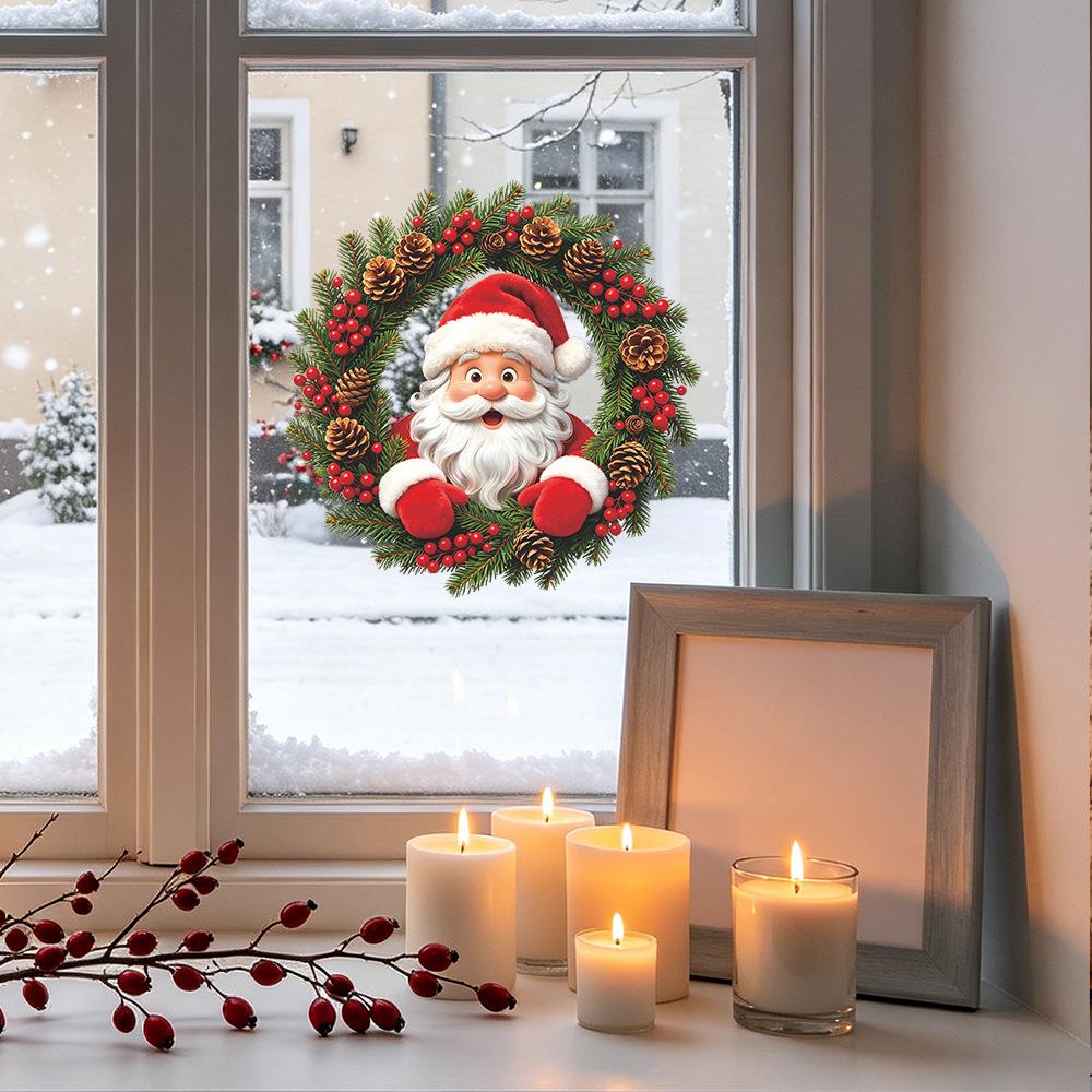 Cartoon Santa Ornament Wreath for Balcony Glass Window Home Decoration and Beautification Window Stickers