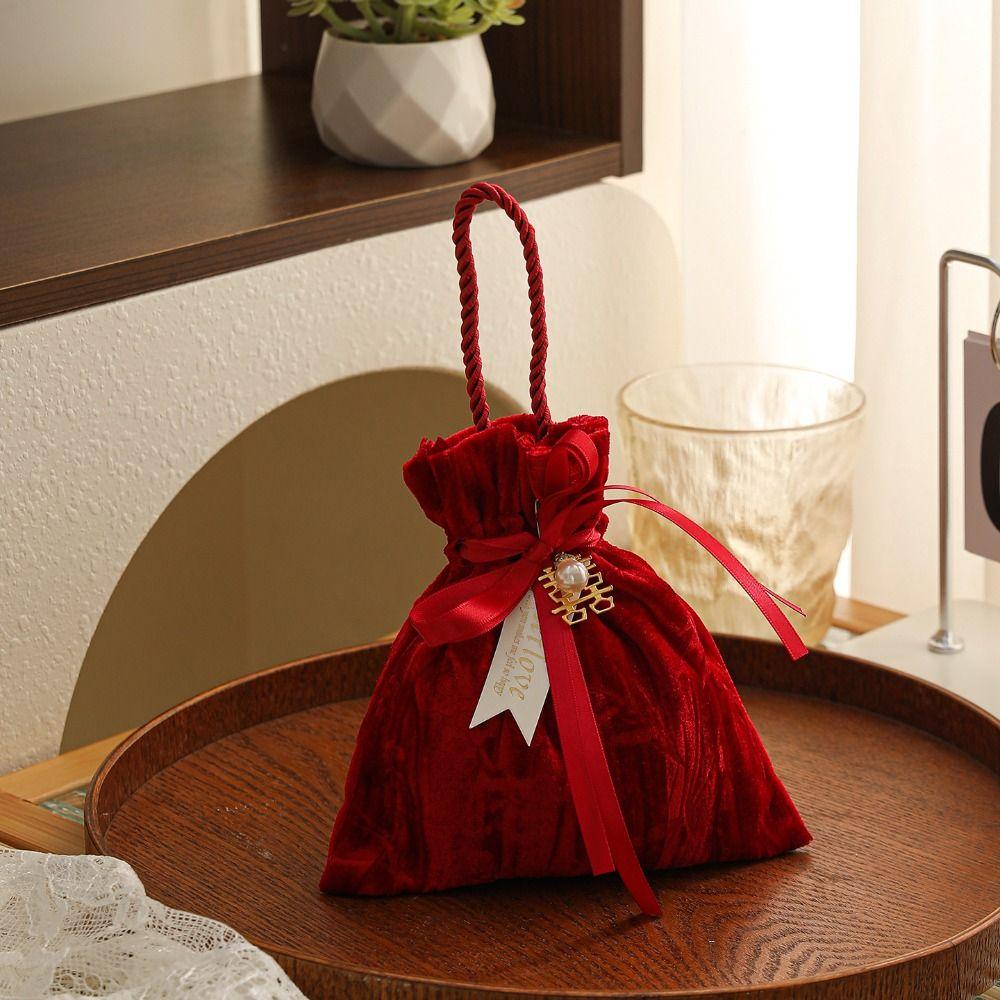 Fashion Ribbon Bow Velvet Candy Box with Tassel Flower Drawstring Bag Handbag Dust Protect Gift Bag Wedding Party
