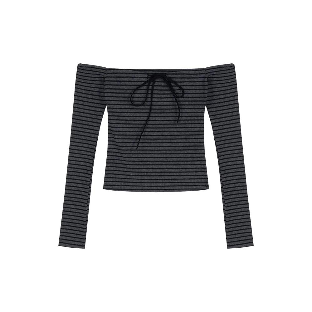 One-word neck retro striped long-sleeved T-shirt women's spring slim-fit tight bottoming shirt Spice Girl short off-shoulder top