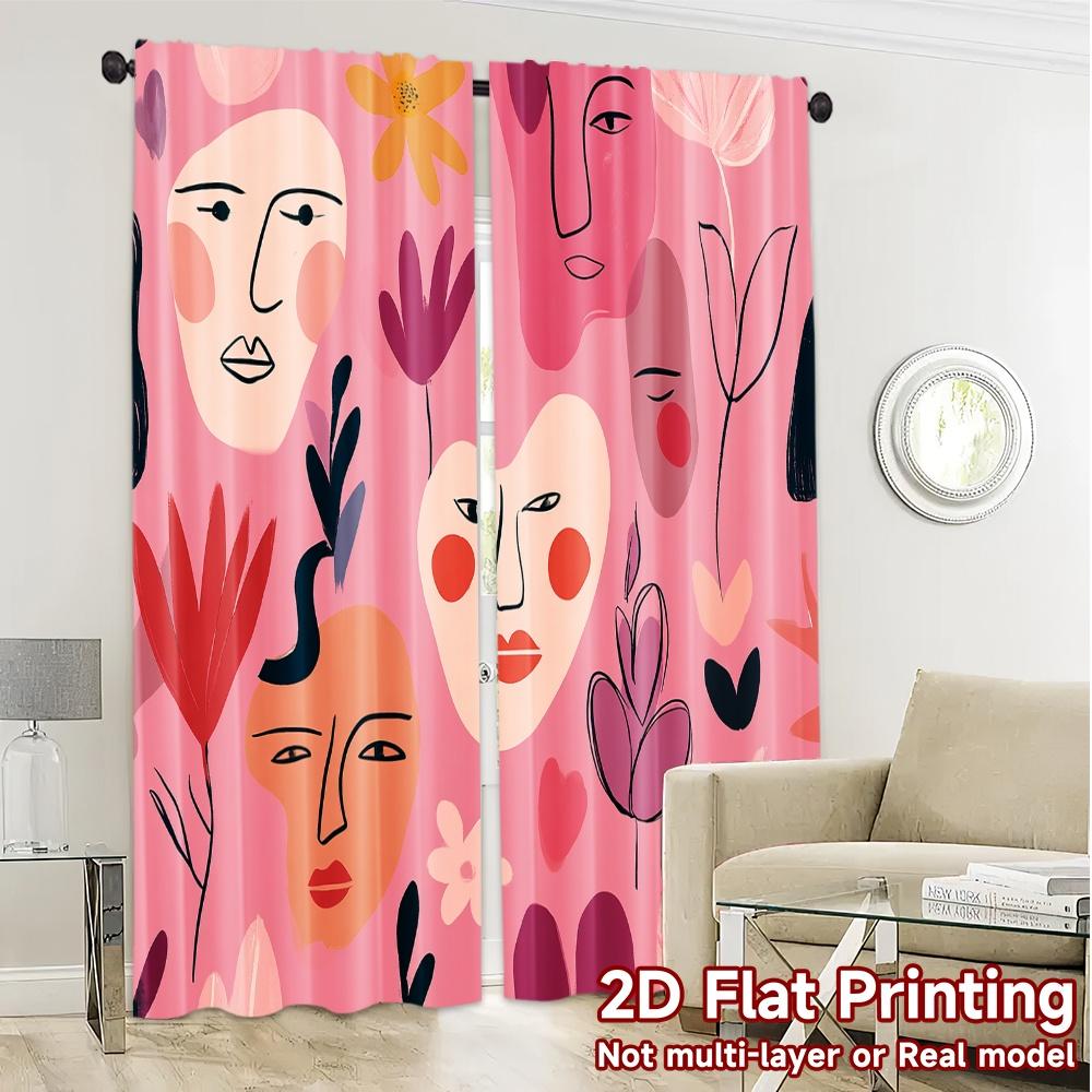 2D Flat Printing  JIT 2pcs   Curtains (Without Rod) Abstract Faces Deco Chic Print Curtains Versatile Polyester Fabric Curtains