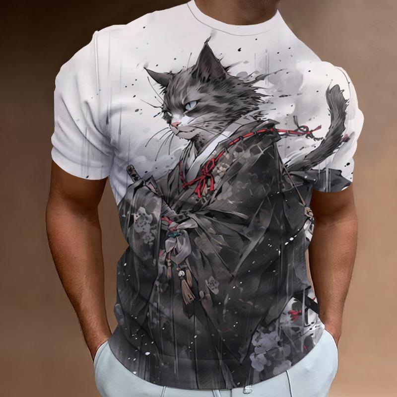 New Retro Men's T-Shirt 3d Samurai Cat Print Short Sleeve T-Shirt For Men Fashion Oversized Man Clothes