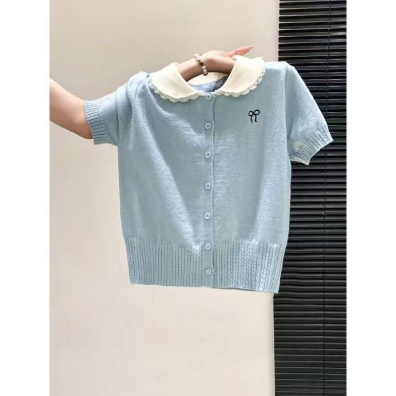 Summer New Style Bow-knitted Cardigan Casual Versatile Top Sweet Style Baby Doll Collar Short-sleeved Knitted Sweater for Women