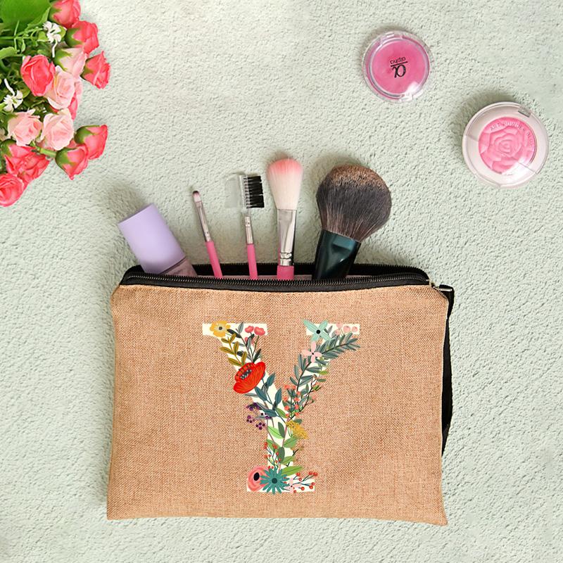 26 Letters Floral Women Cosmetics Woman Zipper Pouch Fashion Women Linen Cosmetic Bags Travel Portable Makeup Bag Cosmetic Bag