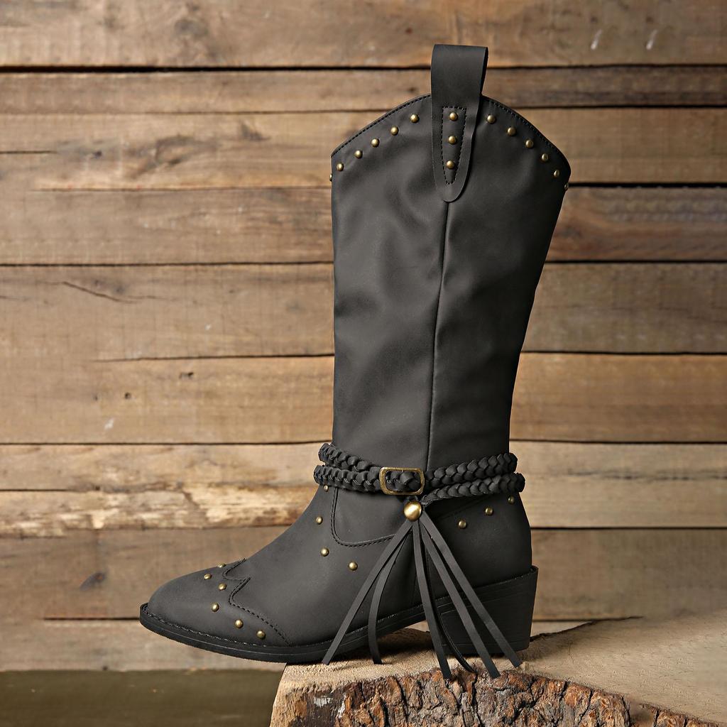 Herbst Winter Übergröße Damen PU Nieten Gürtelschnalle Martin Stiefel Bequem Warm Scharf Spitz Quaste Mid-Calf Stiefel Schuhe 36-42