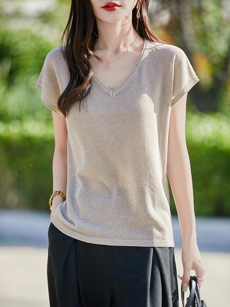 Women's V-Neck Lyocell Linen Knit T-Shirt - Spring/Summer 2026