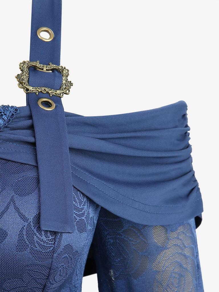 Rosegal Mărimi Mari Top cu Umeri Reci, Mâneci Cloș Asimetrice, Panou cu Șireturi din Plasă și Dantelă cu Flori Roz