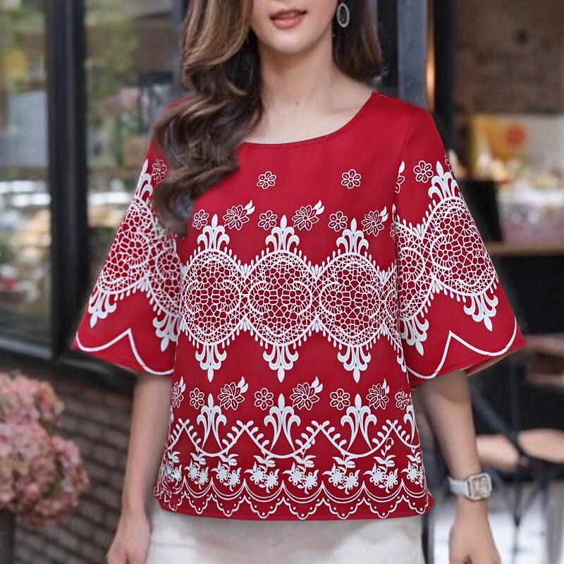 

ZANZEA Женская повседневная блузка с этническим принтом, круглым вырезом и рукавами 3/4, свободного кроя 2XL красный