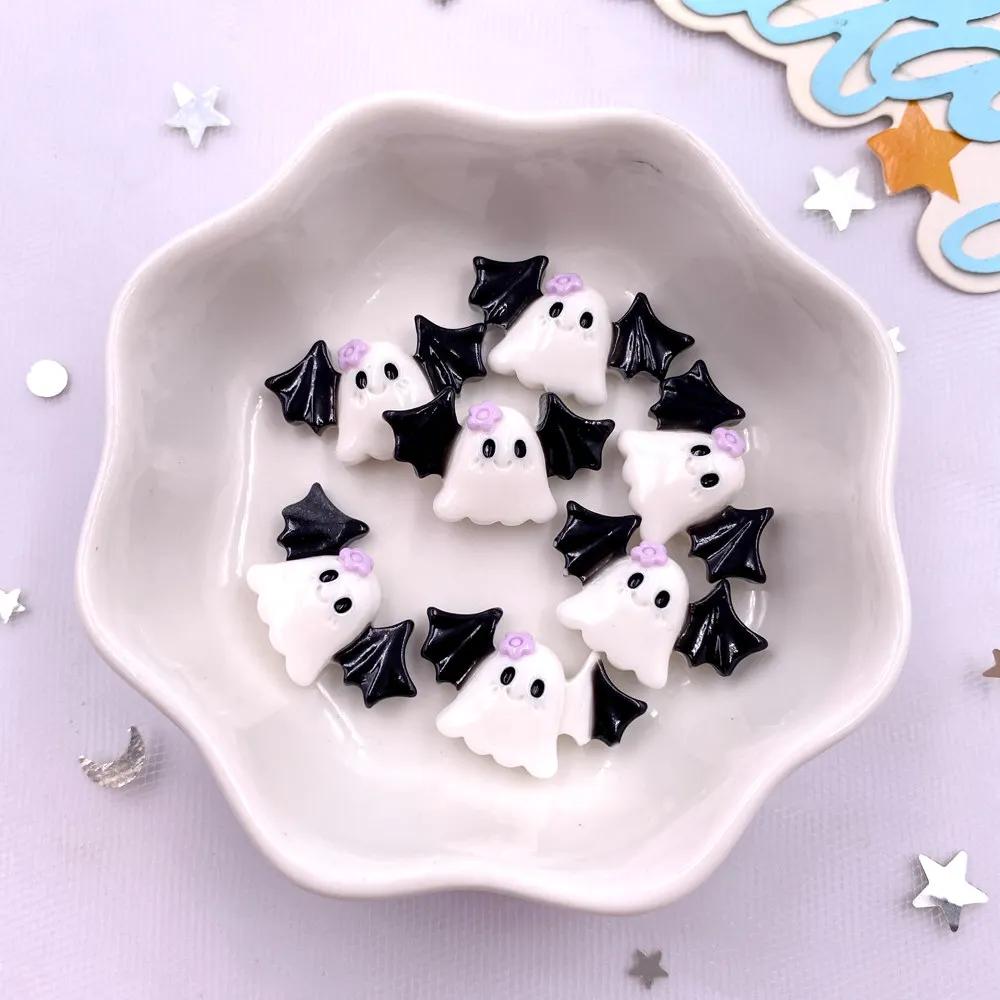 10Pcs Resin Colorful Cute Witch Hat Cat Bat Skull Figurines Flatback Stone DIY Bow Halloween Decor Scrapbook Accessories