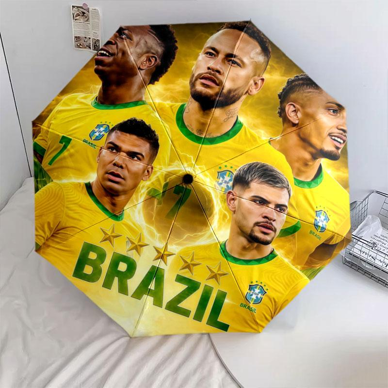 1 PC Automatic Folding Umbrella - Brazil National Football Team Pattern, Portable & Foldable Design with 8 Ribs, Christmas Birthday Gifts
