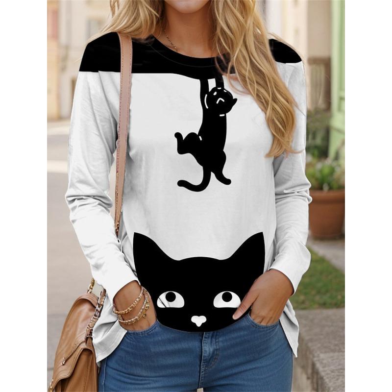 Women's T shirt Tees Color Block Cat Black White Print Long Sleeve Daily Weekend Funny Round Neck Regular Fit Spring