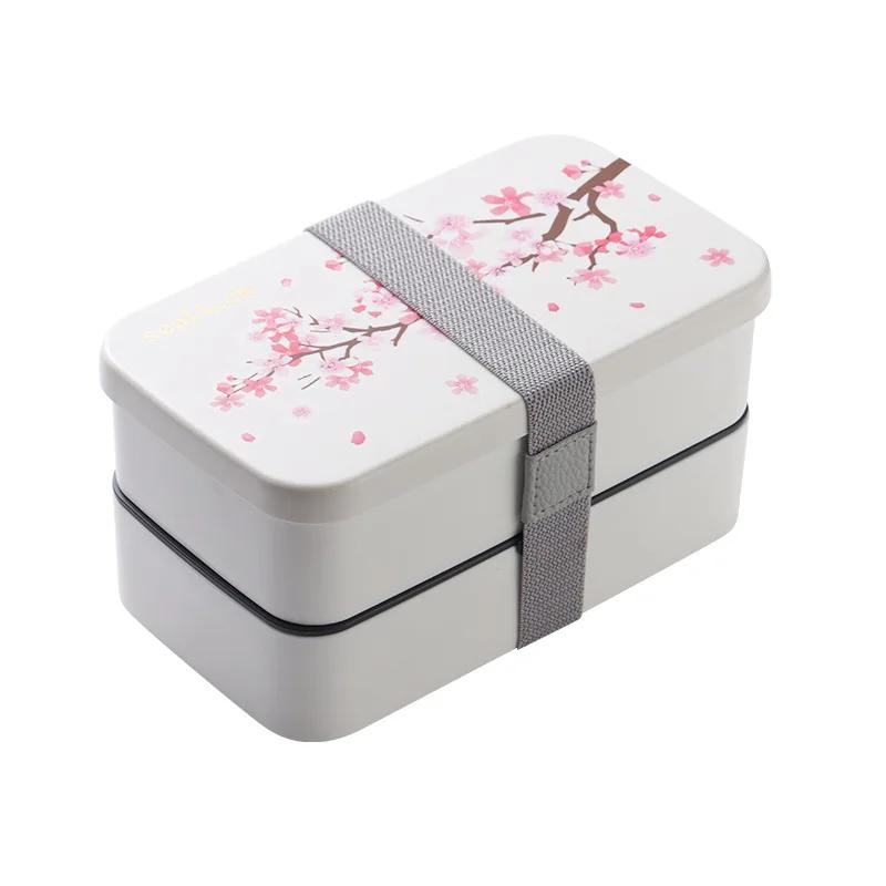 Double-layer Cherry Blossom Lunch Box for Kids Compartmented Meal Prep Food Storage Containers Portable Sealed Bento Lunchbox