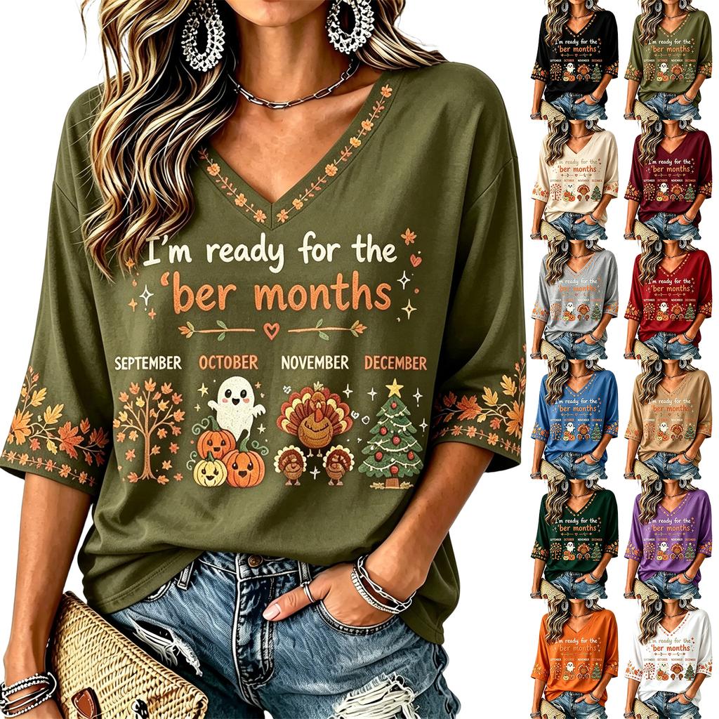 Women's Casual Thanksgiving Print V-Neck Pullover Top for Fall Holiday Everyday Wear