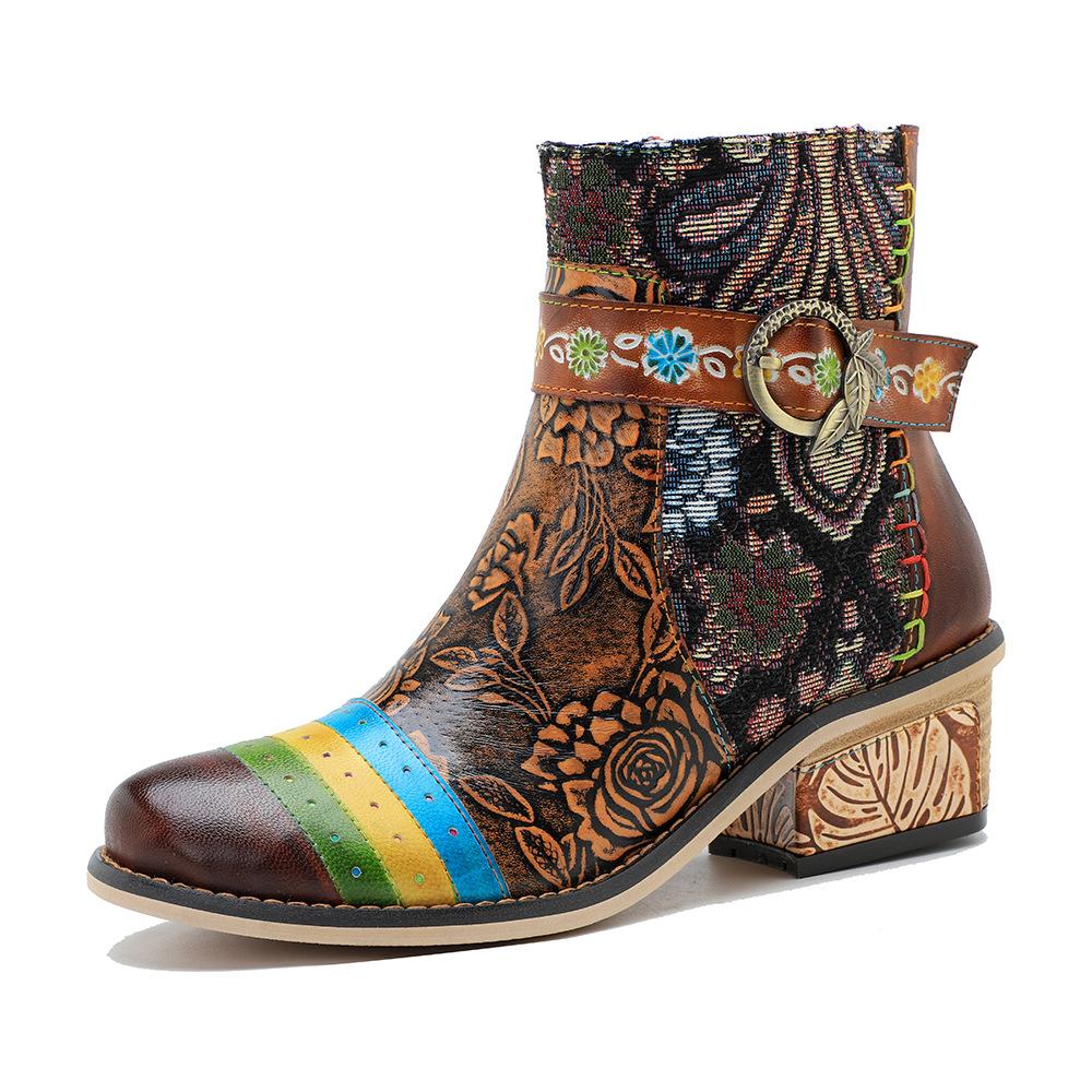 Johnature Handmade Genuine Leather Shoes Printing Contrast Retro Casual Comfort Women's Short Boots