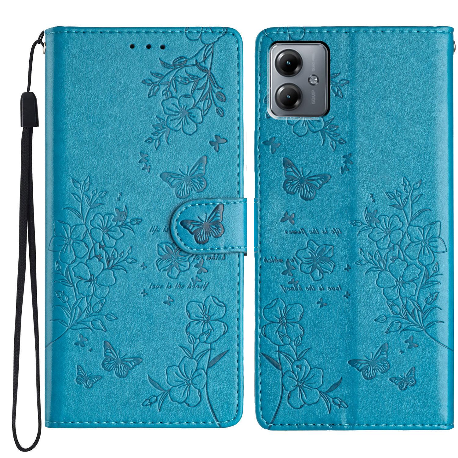 

For Motorola Moto G14 4G Stand Case Butterfly Floral Imprint Leather Phone Cover Blue