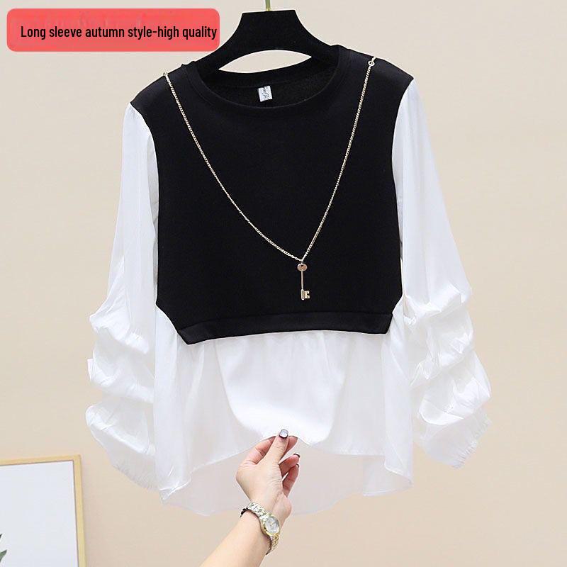 2024 Spring/Autumn Korean Style Patchwork Contrast Slim Long Sleeve Round Neck Two-Piece Shirt