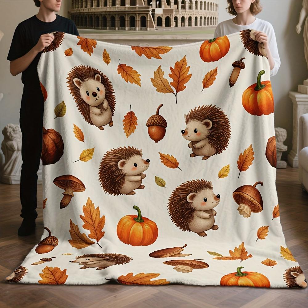 Autumn Hedgehog Family Flannel Blanket Cozy Fall Leaves Pumpkins Design Ultra-Soft All-Season Throw Stylish Home Decor Gift