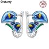 Orstarry Original 925 Silver Blue Horseshoe Lotus Earrings Women Ear Studs Hoop Earring Anniversary Jewelry Trendy Gift