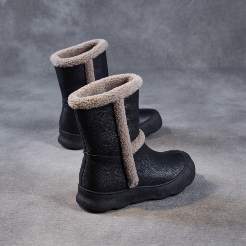 Johnature Genuine Leather Plush Thickened Women's Mid-calf Boots Casual Soft Soled Warm Cotton Shoes