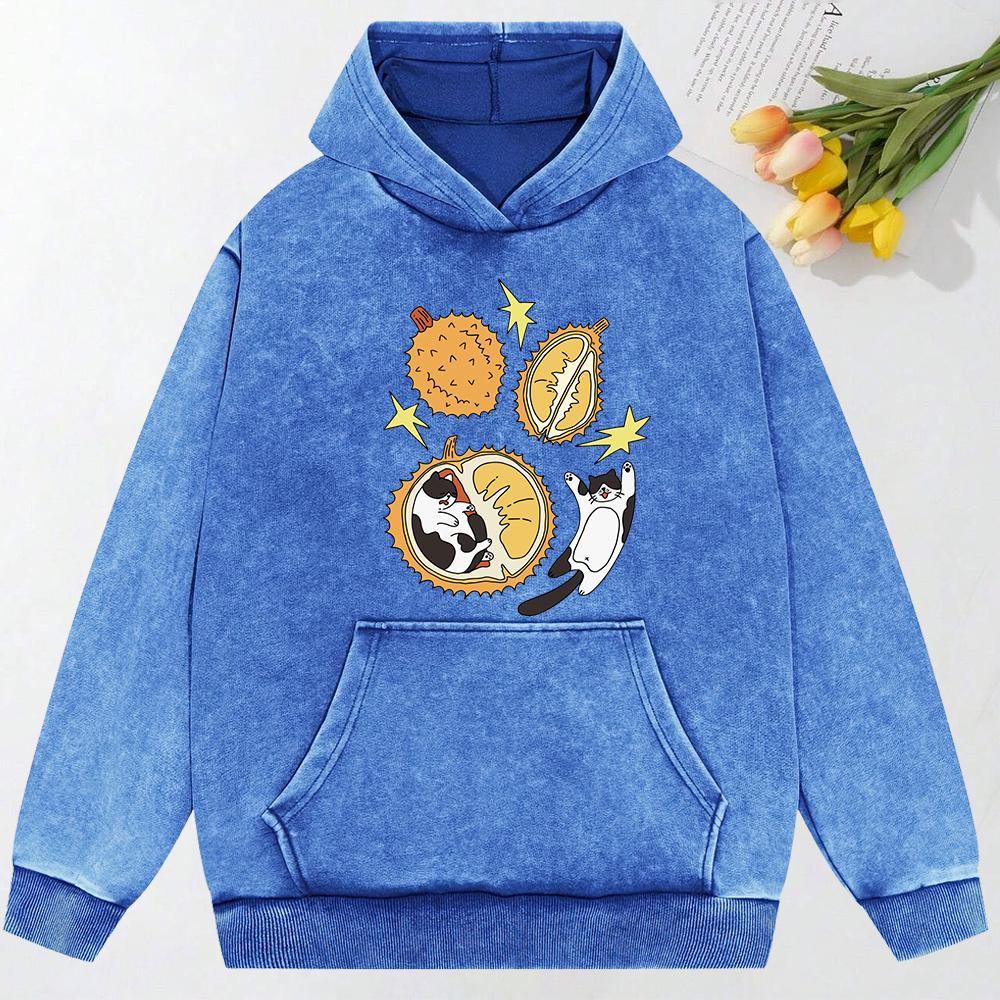 Cartoon Cat Nested In Durian Illustration Print Women Washed Hoodie Fashion Clothing Autumn Cotton Hoodies Hoody