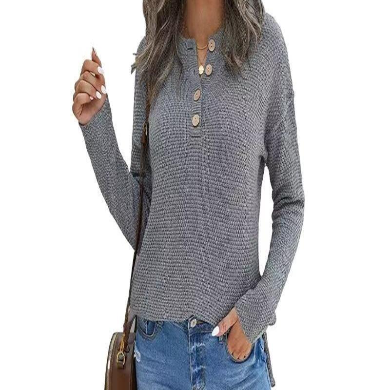 Women S Solid Color Half Open Button Pullover Long Sleeve Sweater