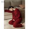 Xuan Liang Half Fleece Pajamas for Women In Winter with Thickened Coral Fleece Red Premium Feel Can Be Wearing Outerwear Home Clothes Set