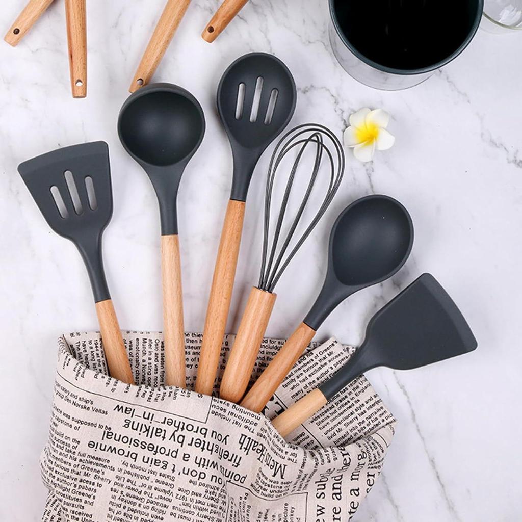Cooking Utensils Kitchen Utensil Set, 12 PCS Wooden Handle Nontoxic BPA Free Silicone Spoon Spatula Turner Tongs Kitchen Gadgets Utensil Set