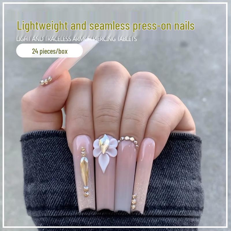 Long Champagne Gold Glitter Wearable Nails - Hot Girl Art Nude European & American False Nail Patches (Removable)
