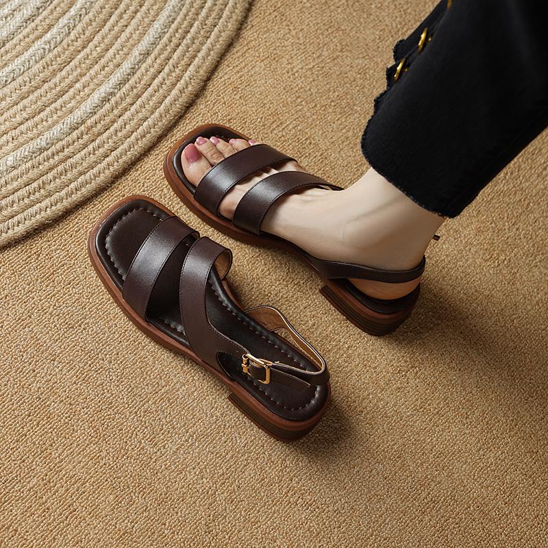 2024 Nouvelles Sandales pour Femmes Rétro Gladiateur Escarpins Décontractés Cuir Véritable Talons Bas Chaussures pour Dames de Bureau Femme Été Mode Concise