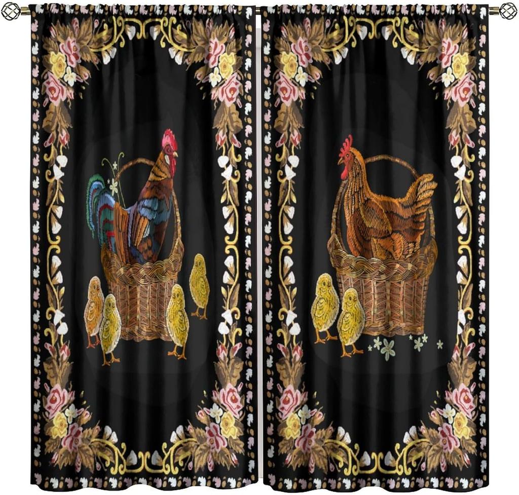 Rustic Rooster Floral Curtains, Bohemian Folk Art Printed Kitchen Window Treatments for Living Room Bedroom Farmhouse Decor