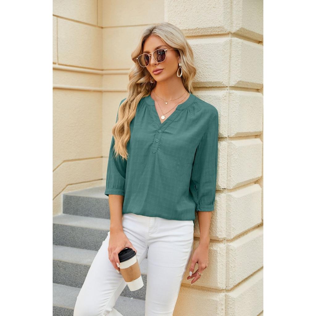 Spring Summer Women's Solid Color V Neck Loose Half Sleeve Casual Top