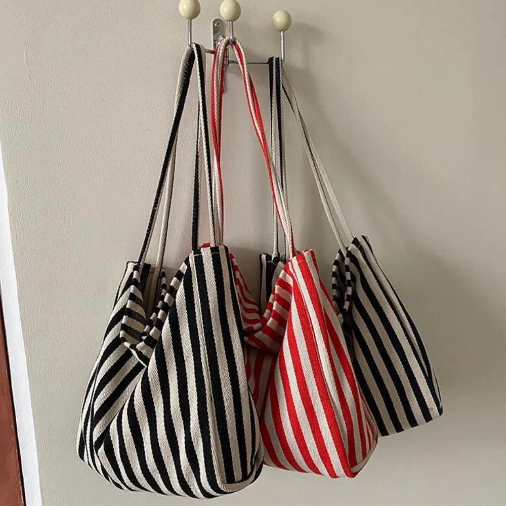 Female Casual Multifunctional Travel Top-handle Handbag Large Capacity Canvas Women Shopper Tote Simple Striped Shoulder Bag2025