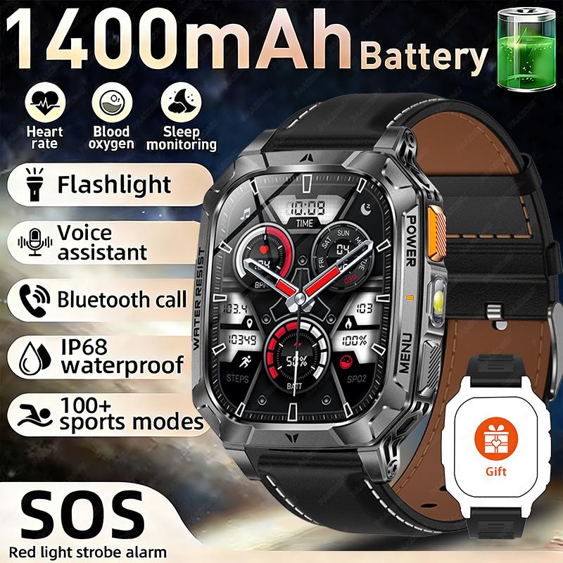 New Rugged Military Smart Watch Men 1400 mAh battery 2.01inch Bluetooth Call Health monitoring device LED flashlight Smart watch
