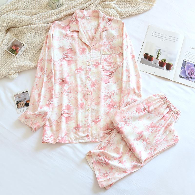 Fashion Flower Silky Pajamas Sets Women Summer Sleepwear LAong-sleeve High Quality Pyjamas