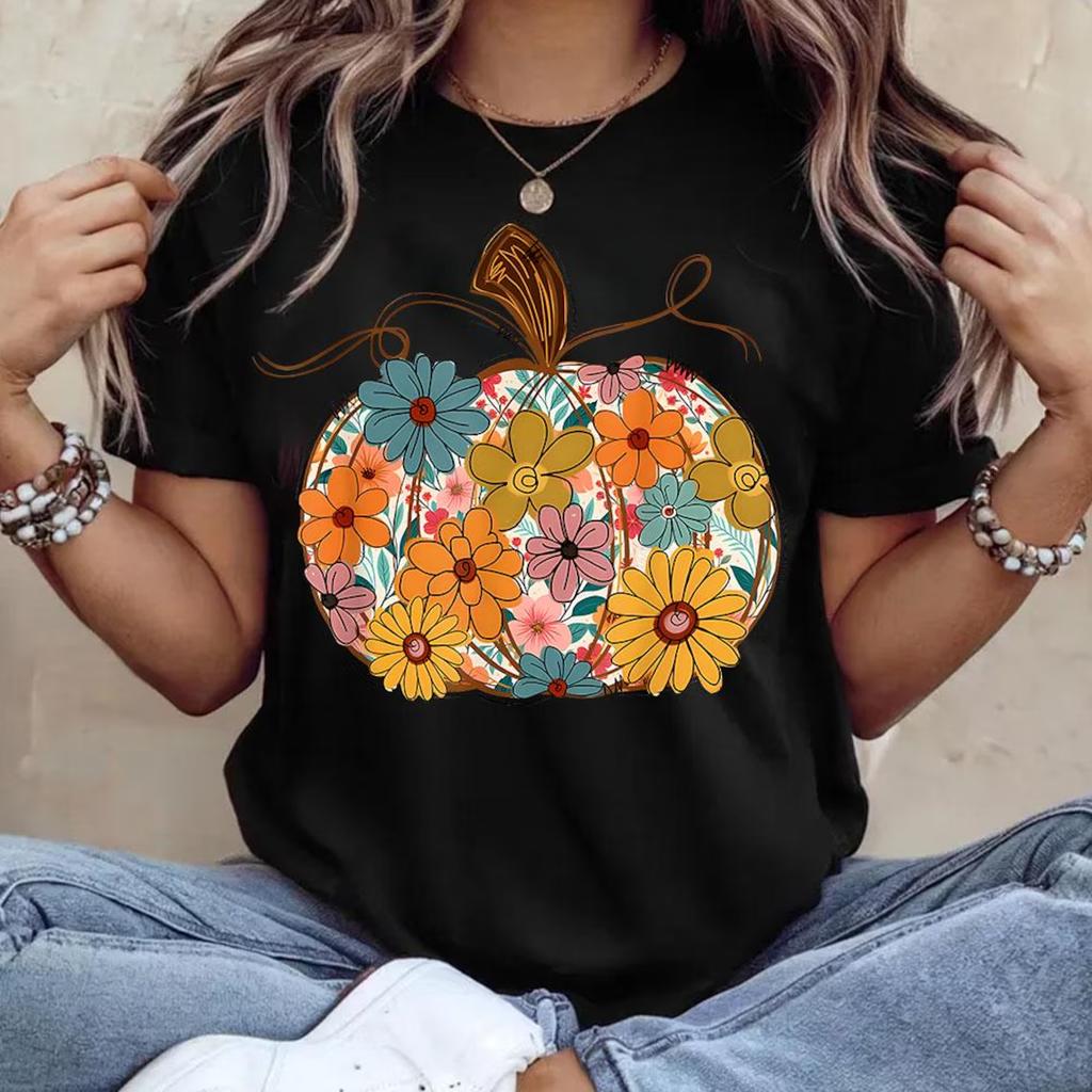 Preppy Floral Pumpkin Harajuku Tshirt Female Fashion Retro Tshirt Oversized Tshirt Casual Style Street Trend Graphic Y2K