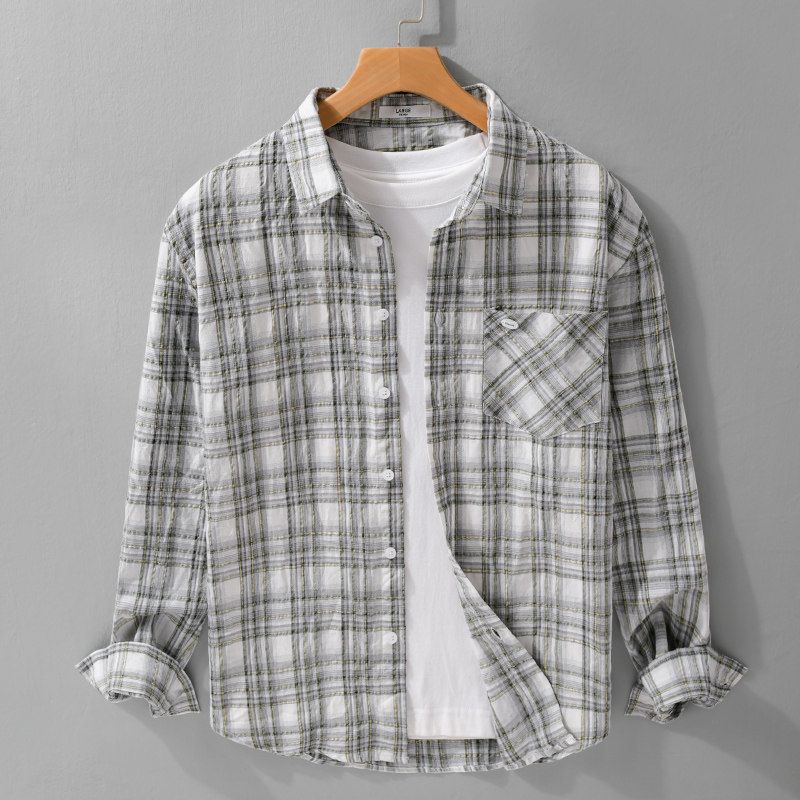 Spring Summer Plaid Sun Protection Clothing Loose Casual Long Sleeve Shirts Men's Lightweight Yarn-Dyed Plaid Shirt Outerwear New