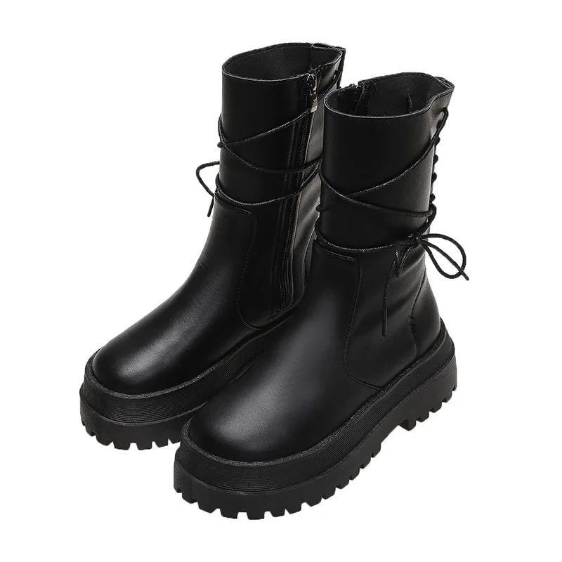 Women Boots  New Leather Thick-soled 6 Boots Women's Short Boots Side Zipper Rider Boots Back Lace Mid-tube Boots