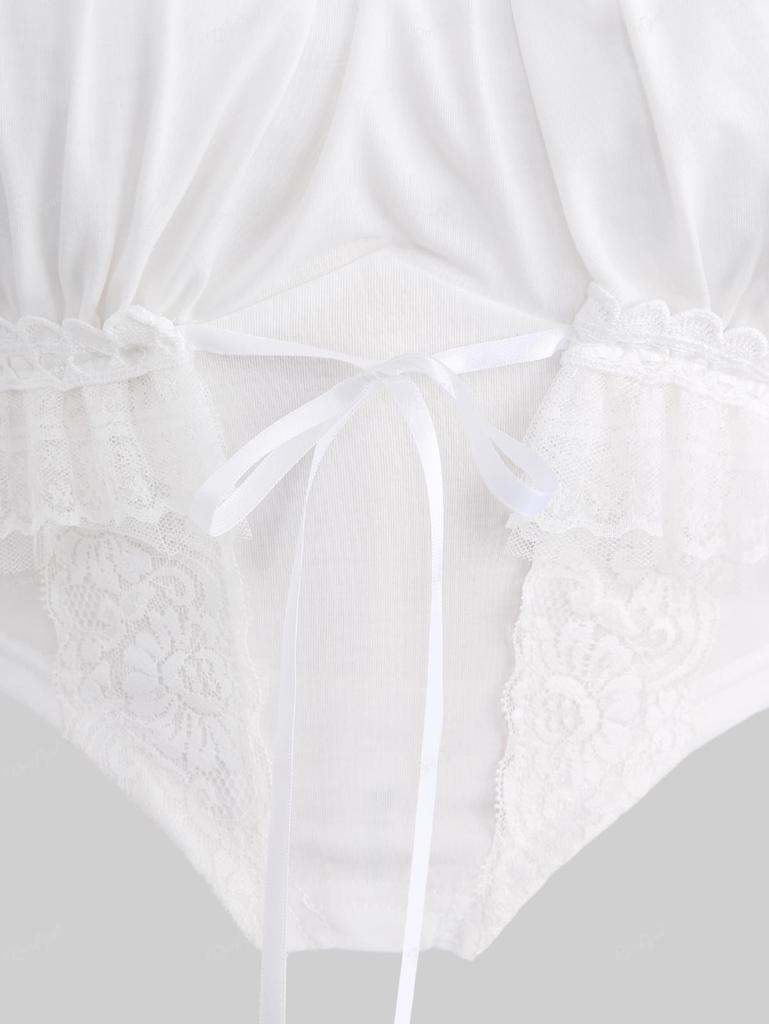 Rosegal Gothic Puffärmel Blumenspitze Panel Gebunden Rüschen Geraffte Solide Asymmetrische Kurzes Top