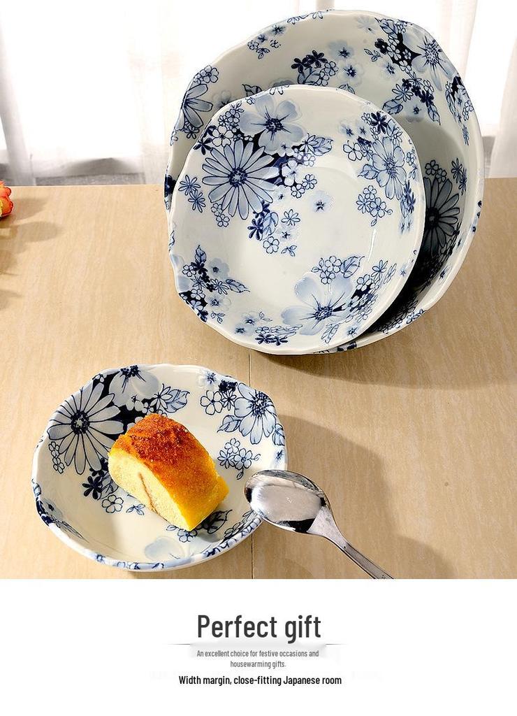 Mino Ware Hand-Painted Blue and White Ceramic Bowl - Japanese Embossed Tableware for Sushi and Soup.