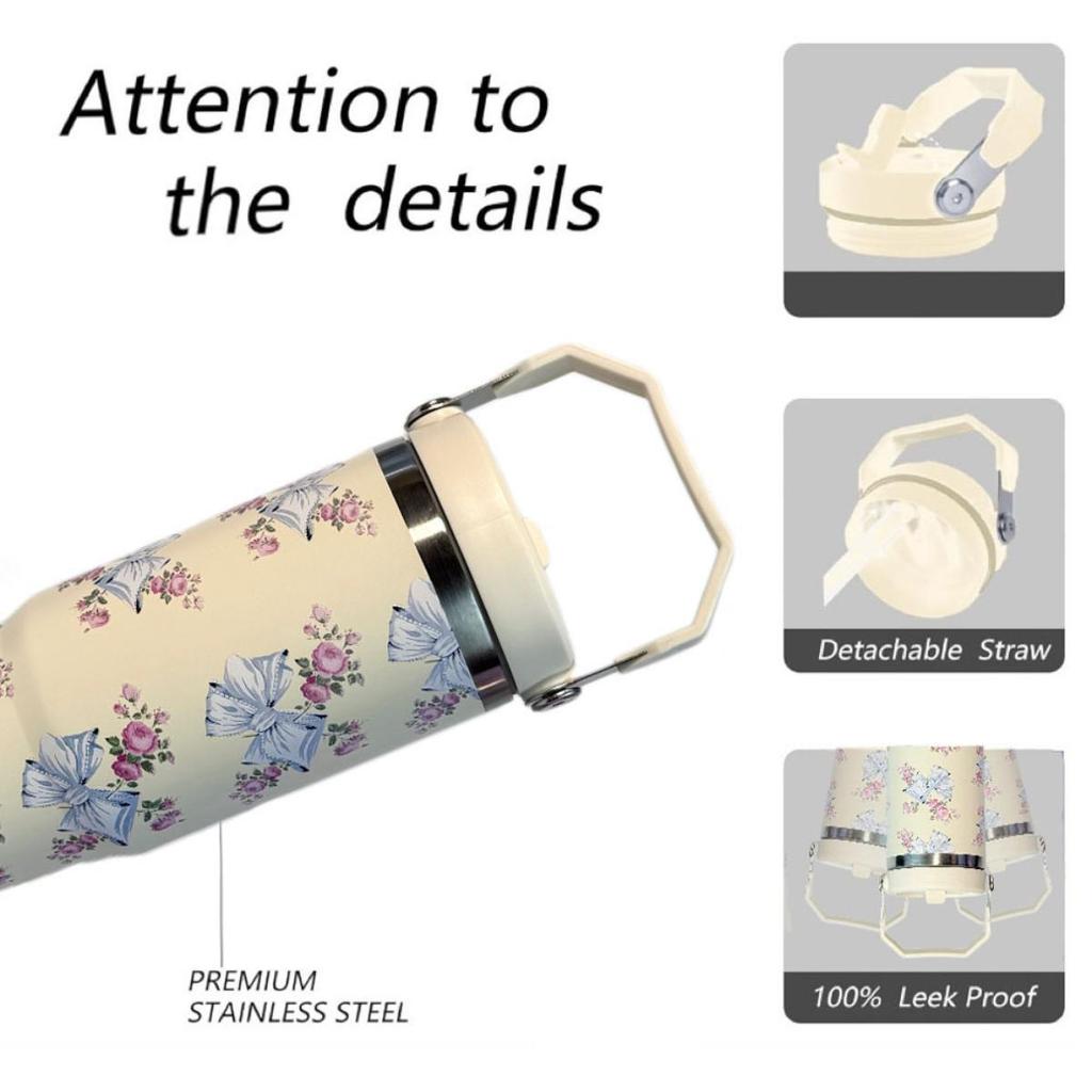 Flower-Shaped Outdoor Portable Insulated Cup, Double-Layer Vacuum Car Cup, Large Capacity with Straw, Portable Ice Cream Cup