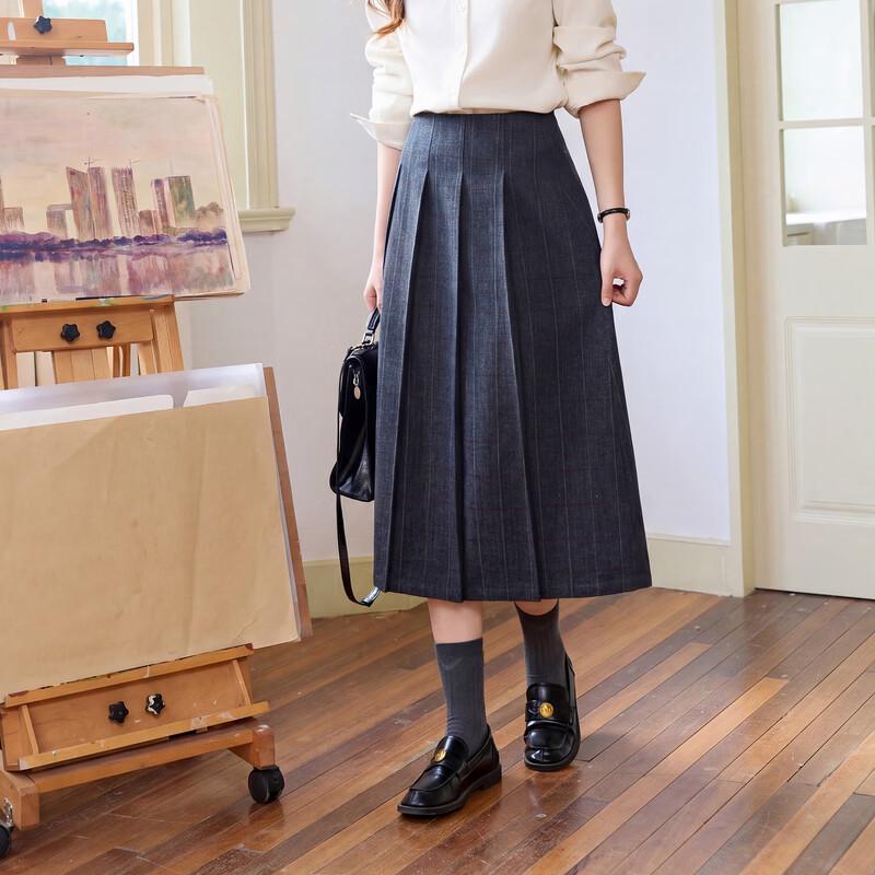 Sancai Winter Wool-Blend Plaid Pleated Midi Skirt