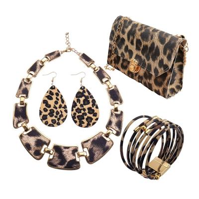 Stylish Leopard Print Jewelry Set Purse Earrings Bracelet Necklace Fashionable Animal Pattern Accessory For Women