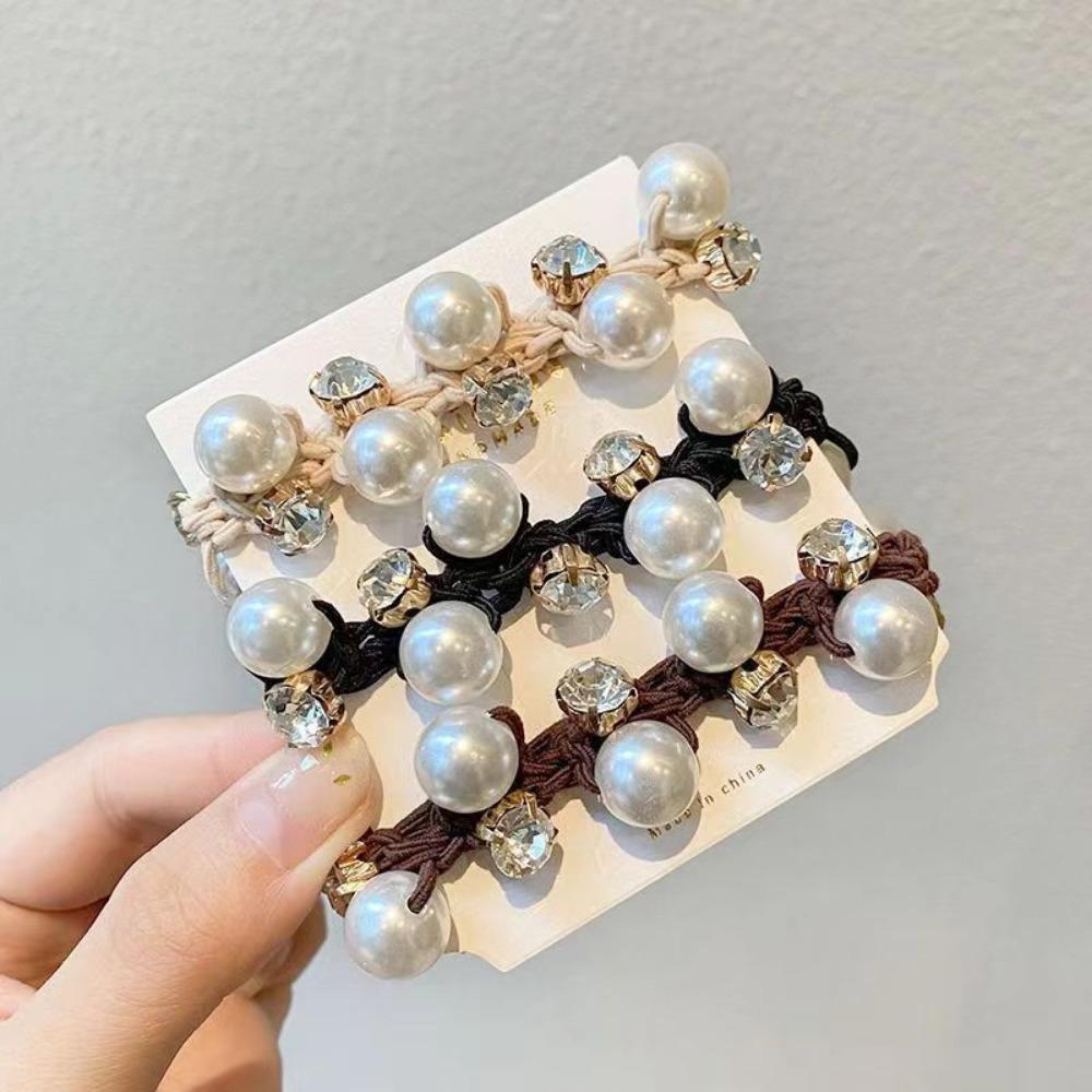 Retro Glitter Rhinestone Pearl-Trimmed Scrunchie Hair Tie for Women