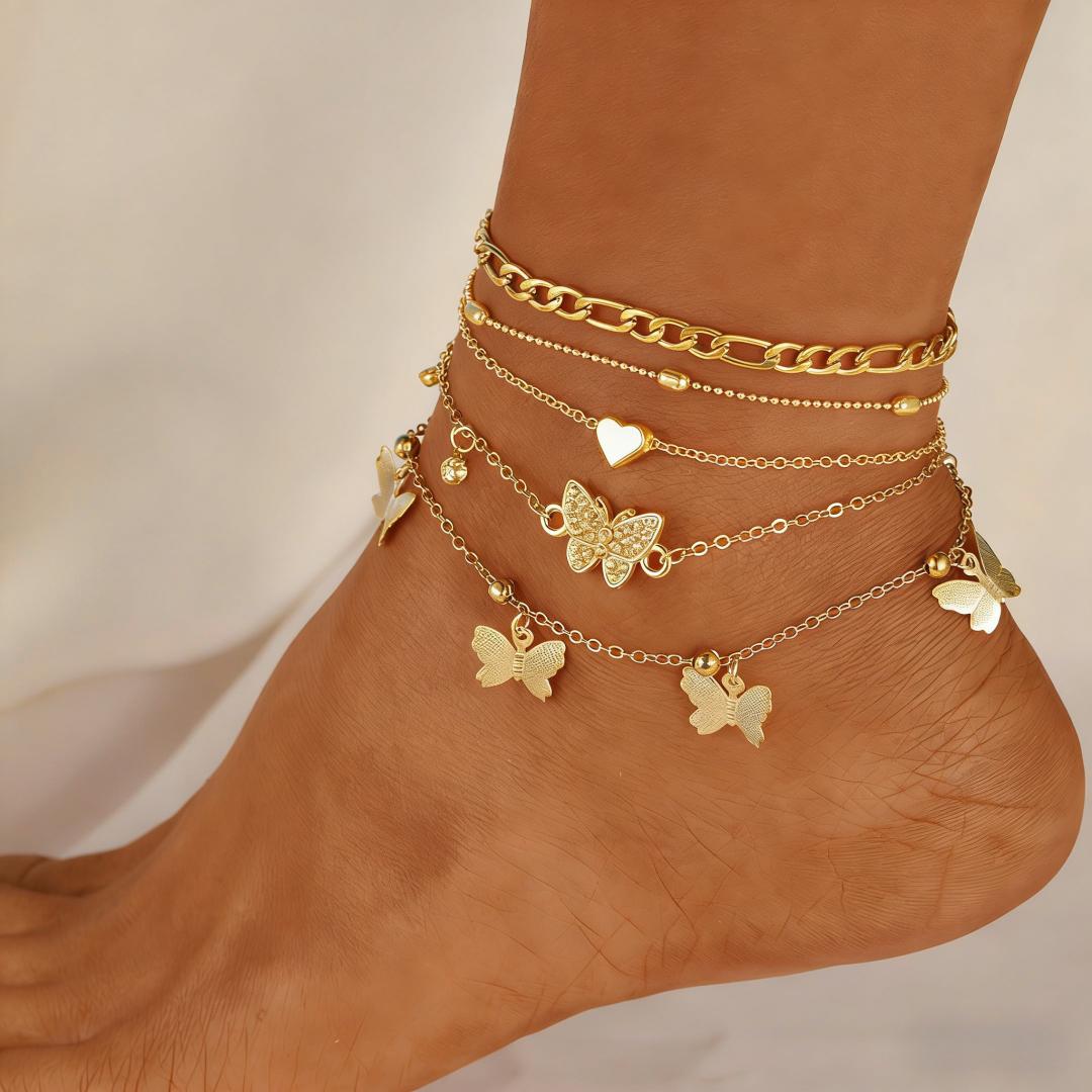 

New Gold Color Multi-Layer Anklet (4-Piece Set) With Butterfly And Heart Pendant Design - Stylish Beach Party Accessories