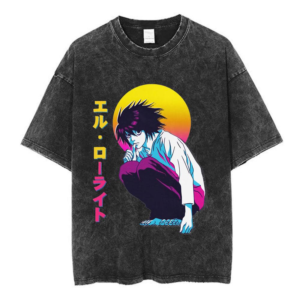 Vintage Washed Anime Death Note Manga Logo Graphic T-shirt Men Women Printed Tee Summer Casual Fashion Clothing Tops High Quality Streetwear