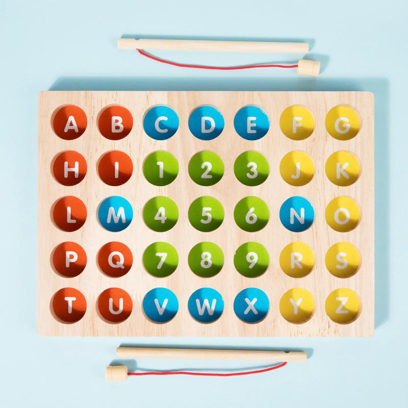 Wooden Children'S Early Education Puzzle Magnetic Numbers Alphabet Cognitive Pairing Fun Table Fishing Game