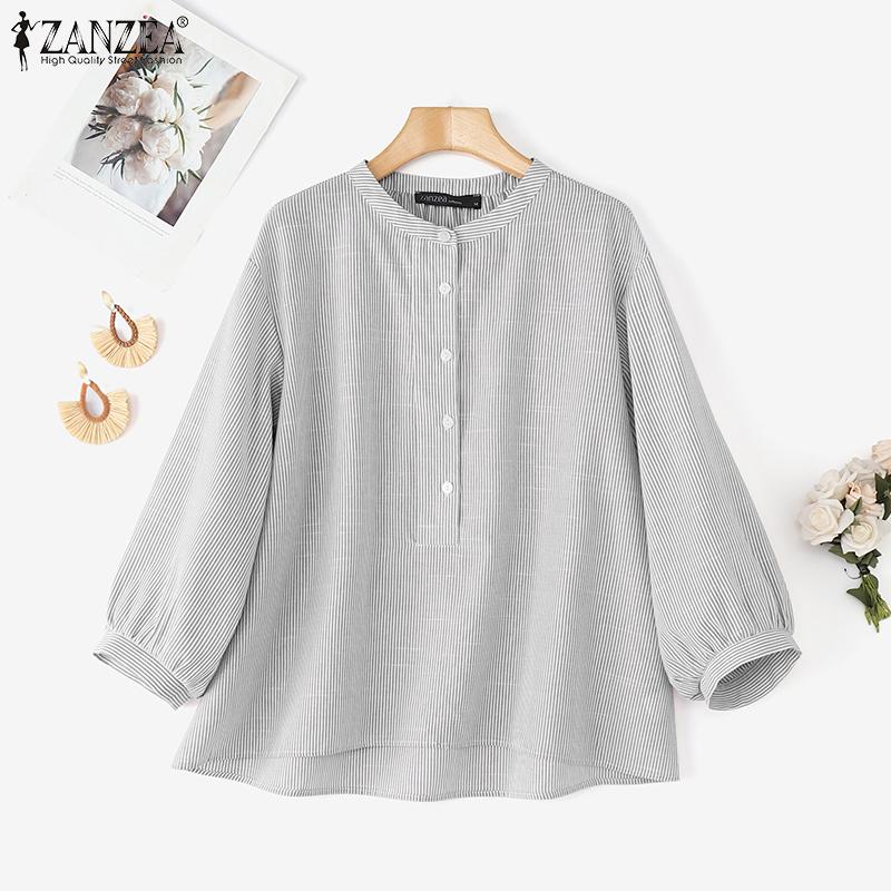 ZANZEA Blouse Décontractée à Col Montant pour Femmes, Manches Longues Amples à Rayures