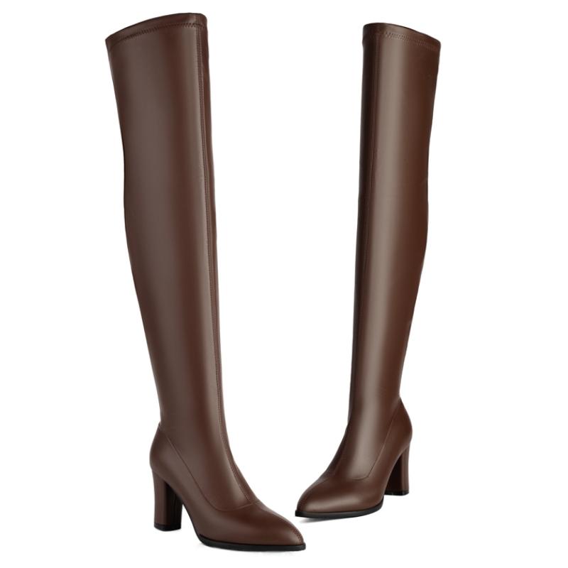 Modische Overknee-Stiefel für Damen, sexy, lange Overknee-Stiefel, spitze Winterschuhe, Partyschuhe mit schwarzem und goldenem Absatz, Größe 45