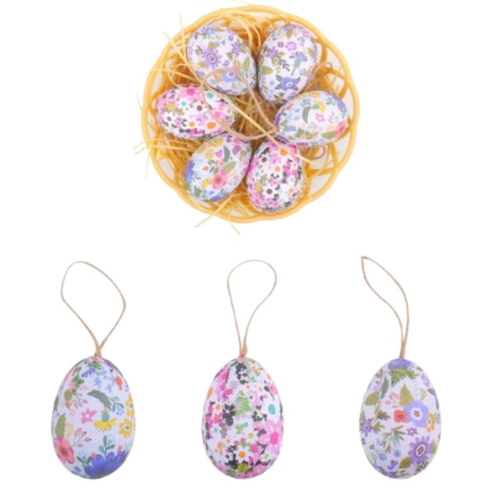 6pcs Foam Painted Easter Eggs Pendant with Basket Butterfly Egg Hanging Ornament  Home Decoration