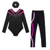 Mädchen Langarm V-Ausschnitt Glänzende Strasssteine Kontrastfarbe Gymnastik-Turnanzug Set Komplett mit Leggings Haarband